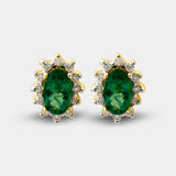 Pendientes con piedra talla oval y diamantes con garra antigua
